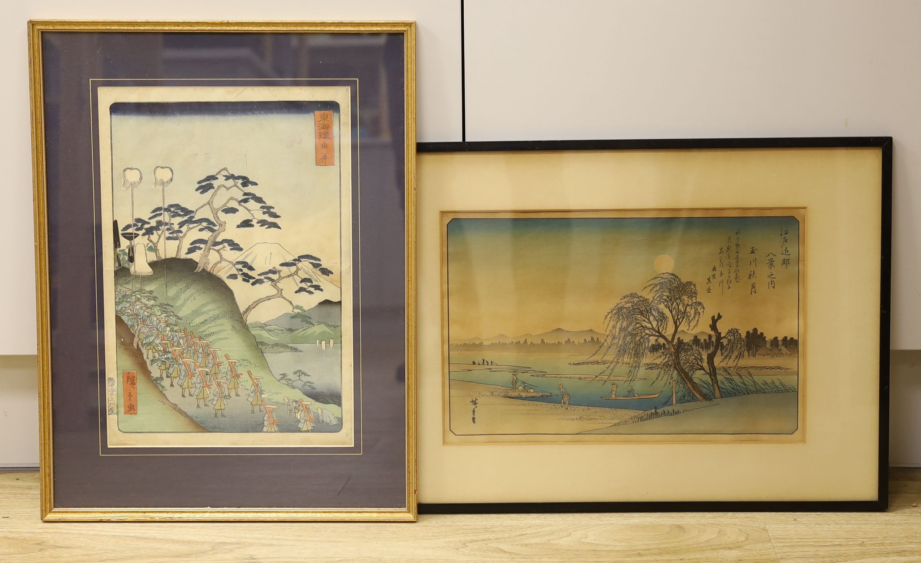 Hiroshige, two woodblock prints, Journey along the Tokaido made by Shogun Lemochi, 34 x 24cm and Autumn Moon at Tama River, 24 x 36cm